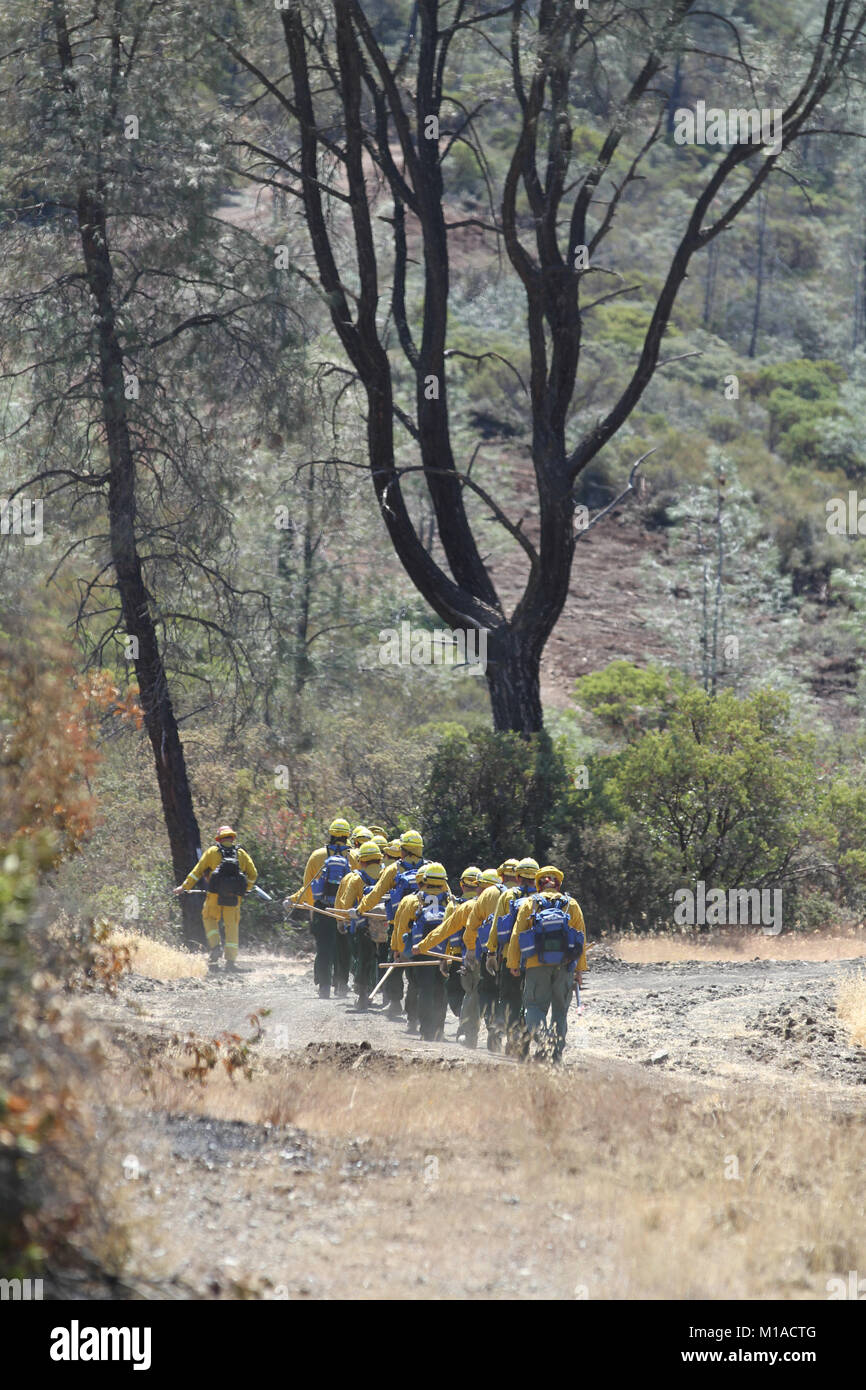 Members of Crew 10, Task Force Charlie, California Army National Guard, walk to their mop up site Aug. 14 near Clearlake, California,  during the Jerusalem Fire in Northern California. (U.S. Army National Guard photo/Staff Sgt. Eddie Siguenza) Stock Photo