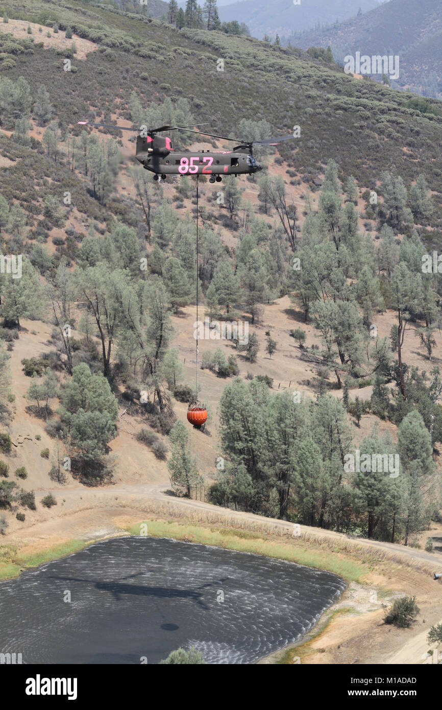 A CH-47 Chinook belonging to the Nevada National Guard leaves the Alden Gulch dip site in Shasta County, California, to drop water in Northern California’s wildfires Aug. 18. (U.S. Army National Guard photo/Staff Sgt. Eddie Siguenza) Stock Photo