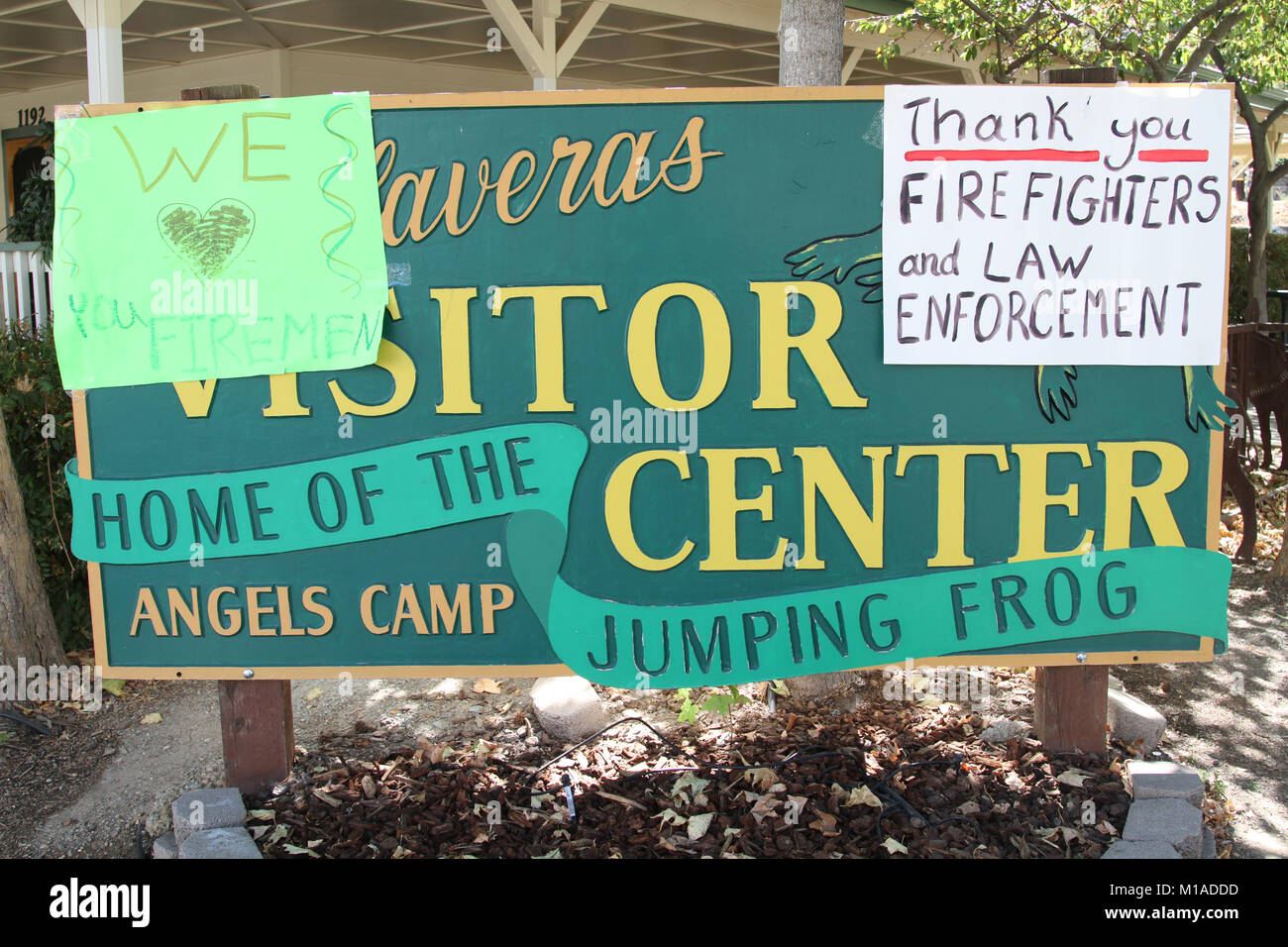 Signs throughout California communities and small cities abound thanking California Army National Guardsmen and other fire-fighting organizations continuously battling Northern California wildfires. (U.S. Army National Guard photo by Staff Sgt. Eddie Siguenza) Stock Photo
