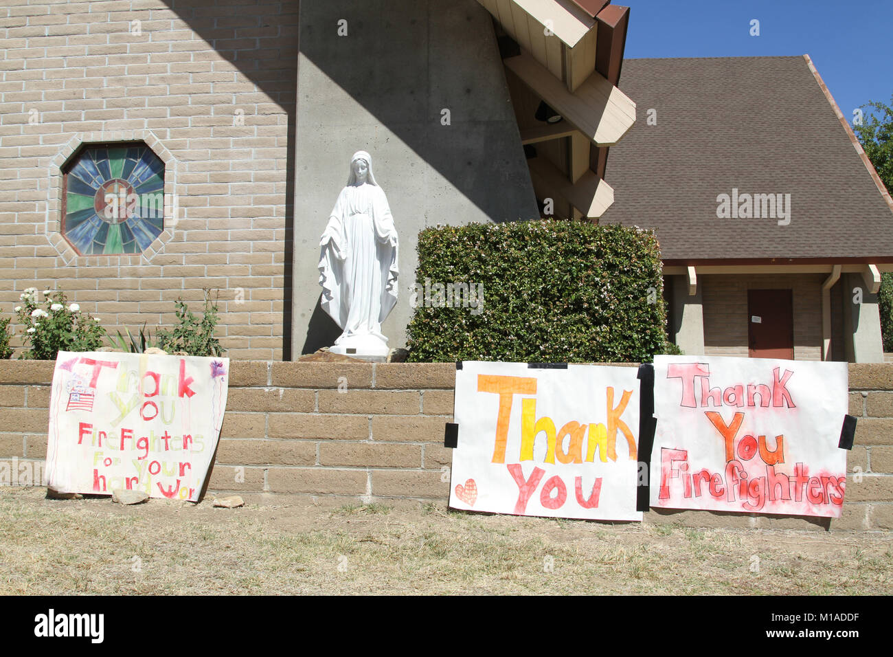 Signs throughout California communities and small cities abound thanking California Army National Guardsmen and other fire-fighting organizations continuously battling Northern California wildfires. (U.S. Army National Guard photo by Staff Sgt. Eddie Siguenza) Stock Photo