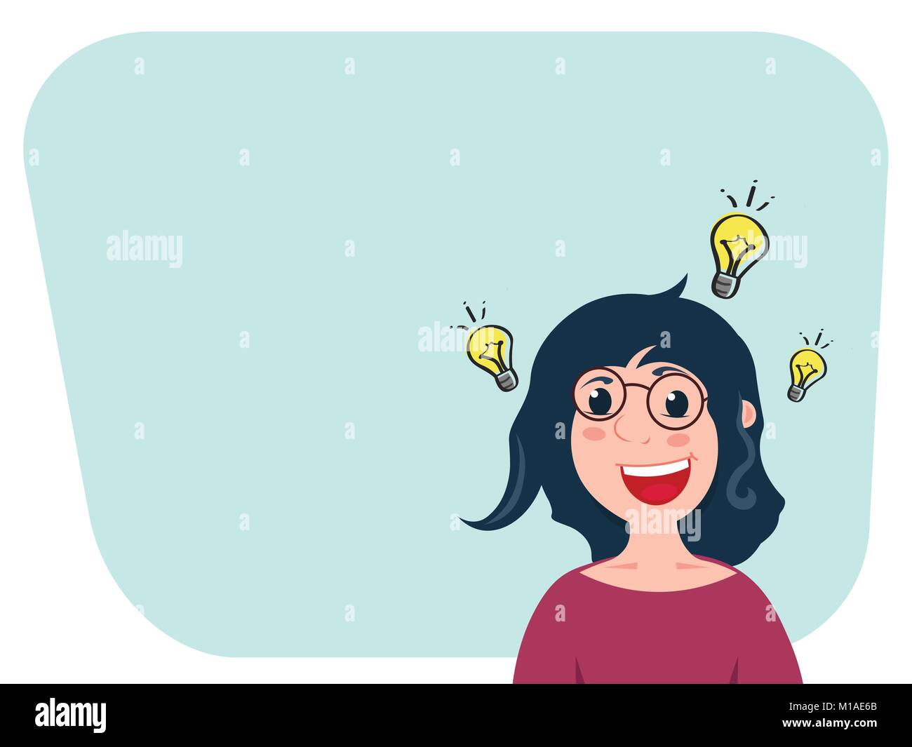 Caucasian woman cartoon character is inspired with idea for startup or good news. Lamp sign near her head. Stock Vector