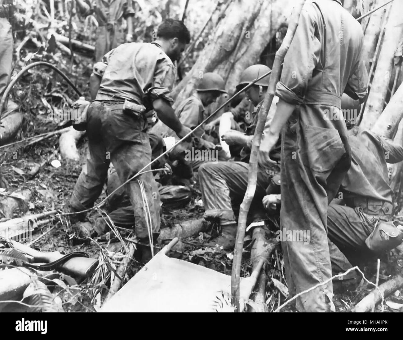 Litter bearers give first aid to two men wounded by grenades while on patrol on Guadalcanal. Even when under direct fire of the enemy the bearers continue to care for and carry out the wounded. They are commanded by Major General Alexander M. Patch, Jr. 25th Medical BN., 25th Division. 10 January 1945 Stock Photo