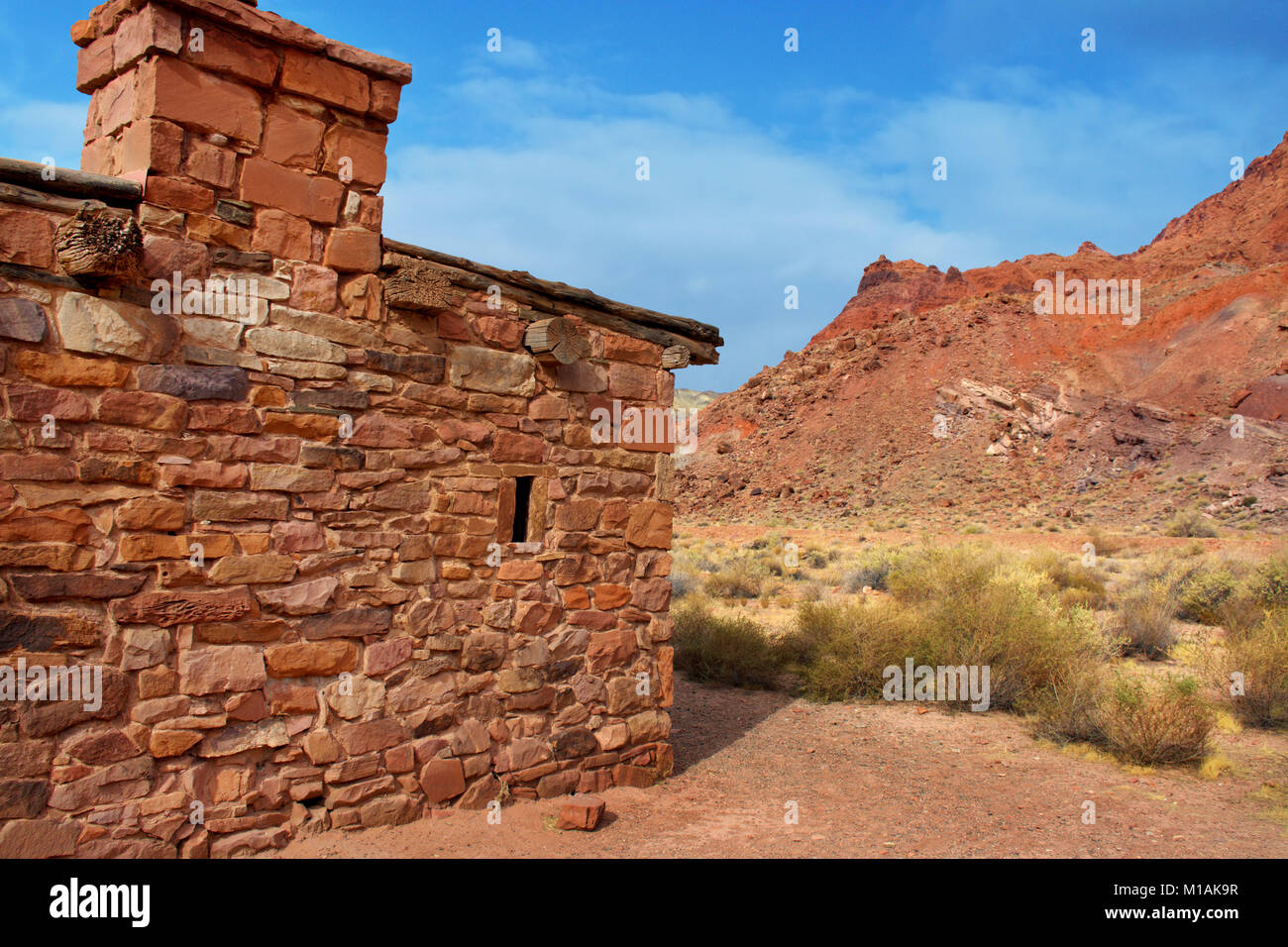 Abandoned stone house on the shores of the Colorado River at Lees Ferry, Arizona . Property was used by the original pioneers of the area. Stock Photo