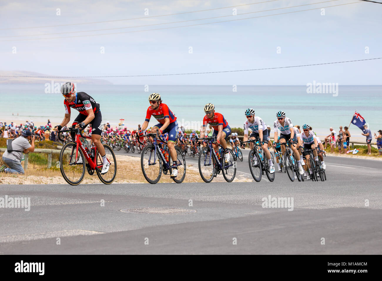 ADELAIDE, AUSTRALIA JANUARY 20 Peleton riding along the Esplande of Stage five from McLaren