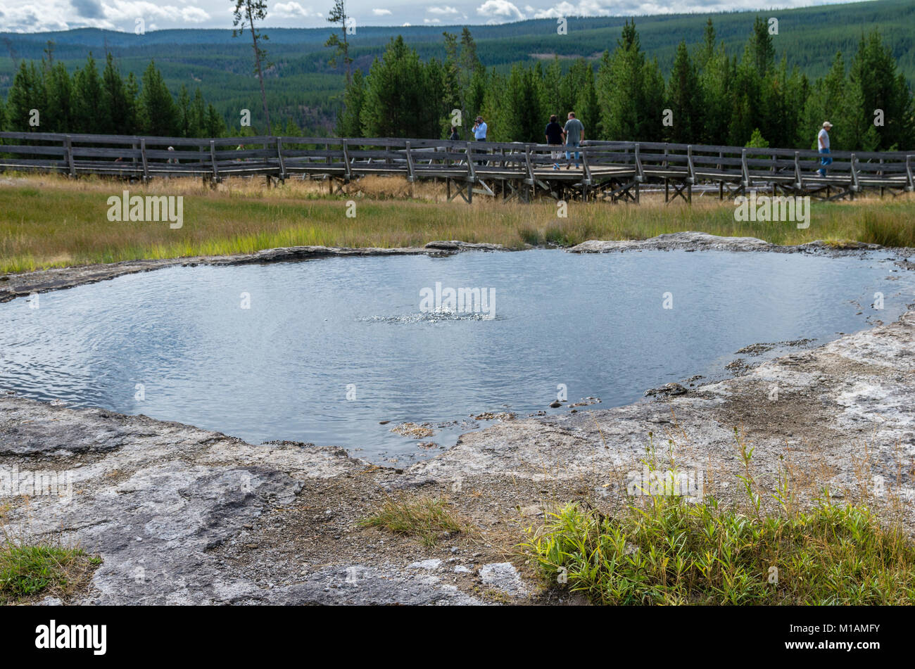 Tourists visiting the Terrace Springs thermal feature.  Yellowstone National Park, Wyoming Stock Photo
