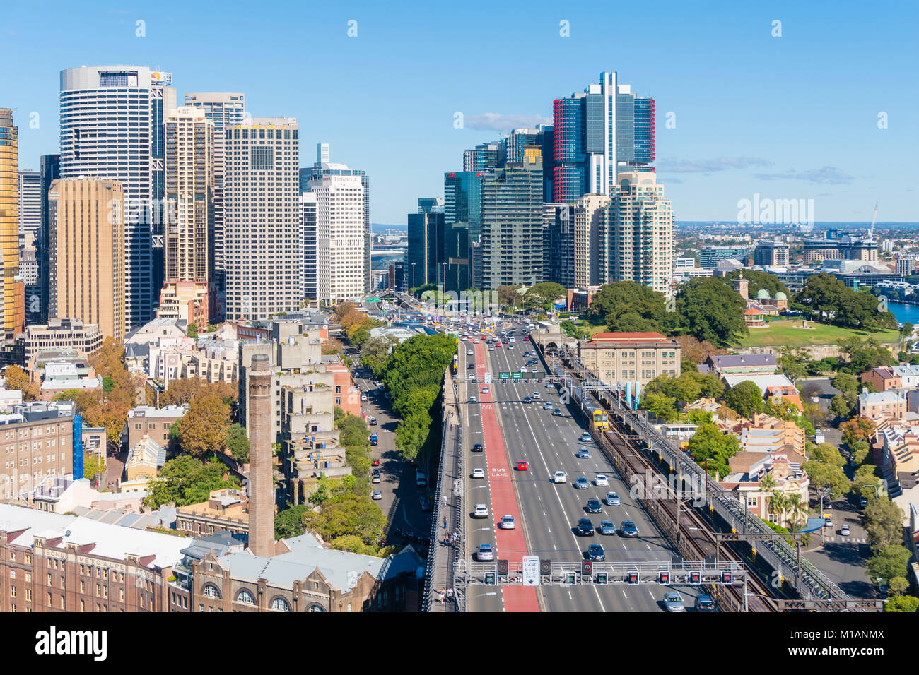 View of Sydney CBD and highway traffic on Harbour Bridge Stock Photo