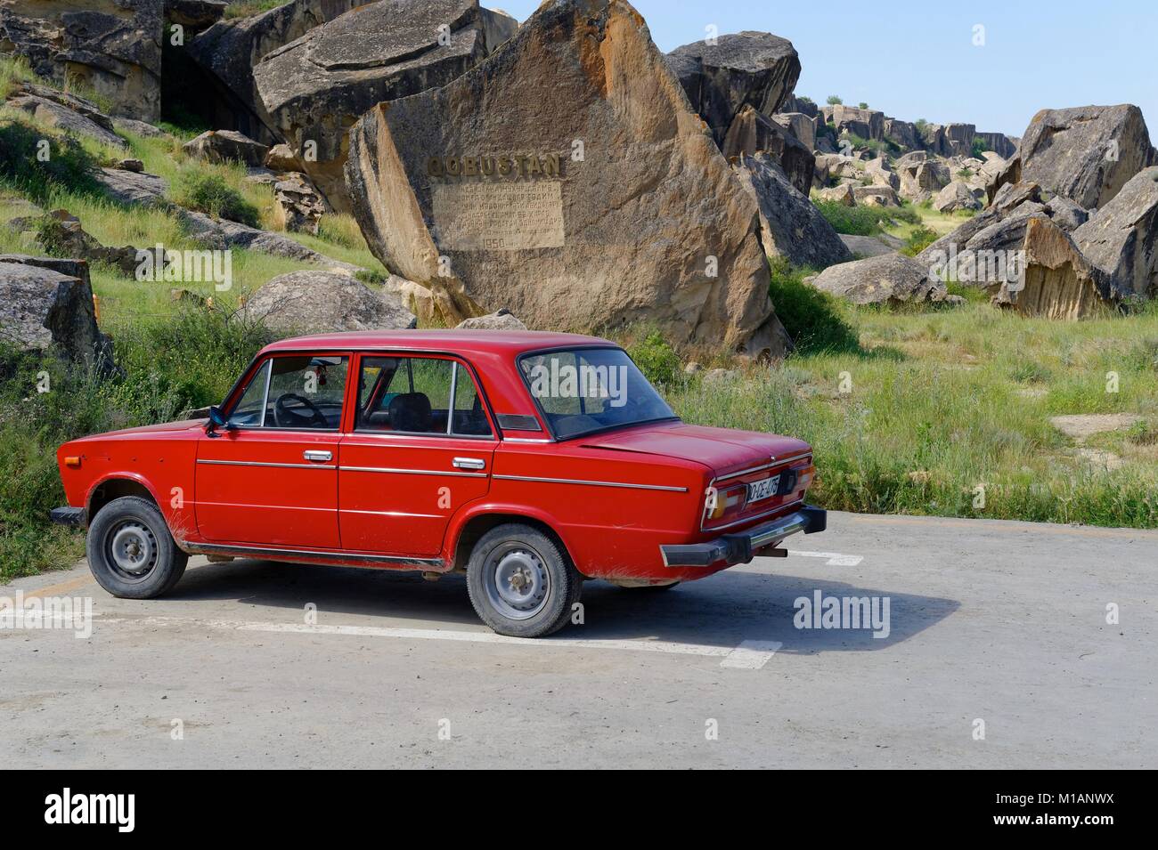 A Lada car at the Gobustan National Park, Azerbaijan, UNESCO world heritage site Stock Photo