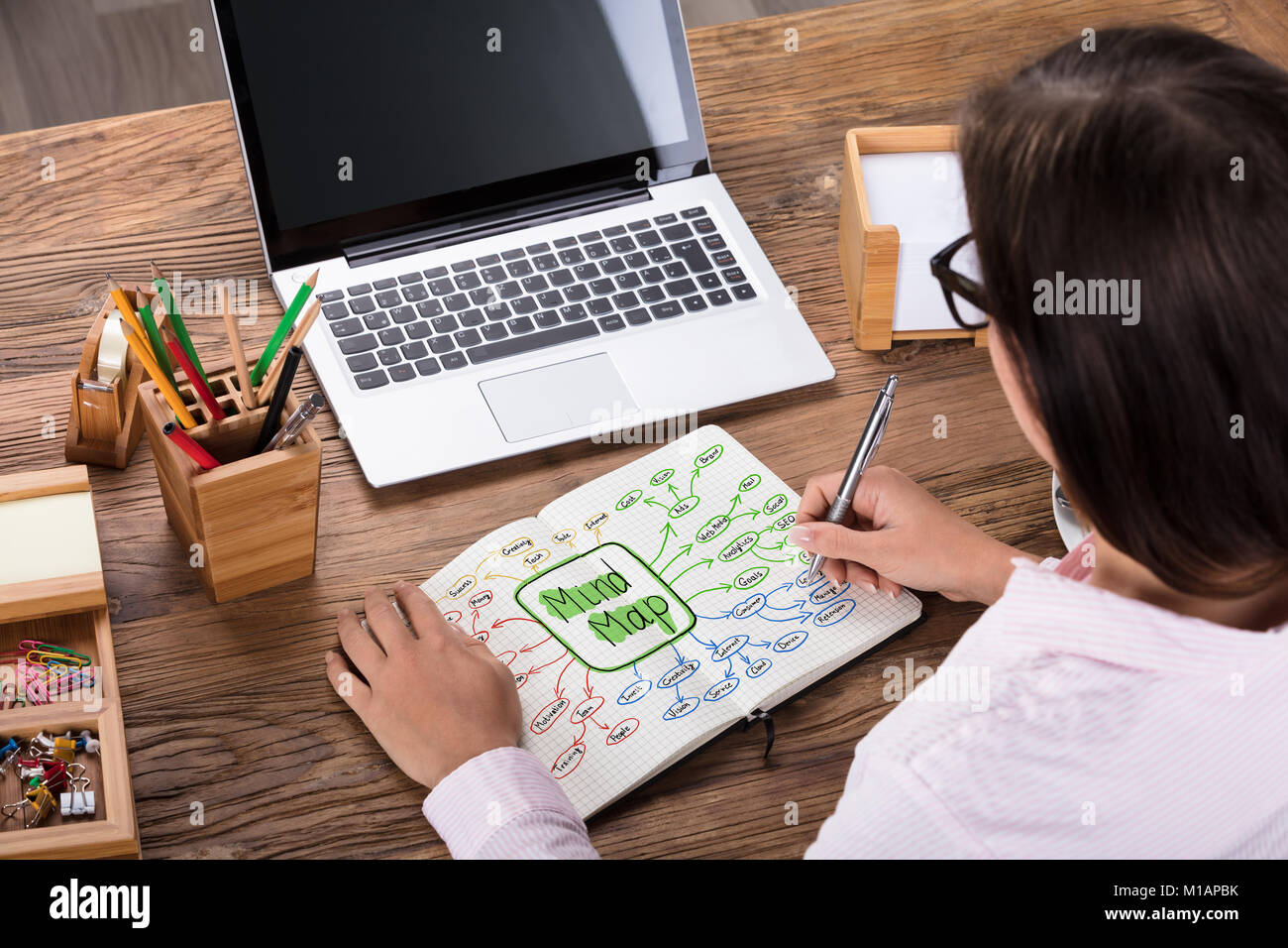 Close-up Of A Businesswoman Drawing Mind Plan On Notebook At Workplace Stock Photo