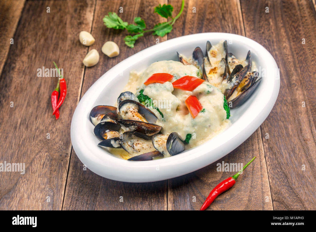 Baked rice with seafood Stock Photo