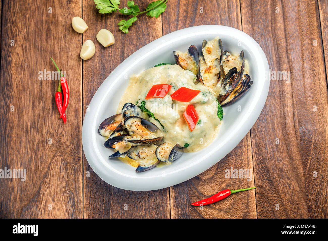 Baked rice with seafood Stock Photo