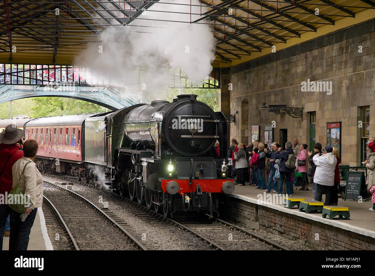 Steam locomotive Tornado arriving at Pickering station on the North Yorkshire Moors Heritage Railway in England Stock Photo