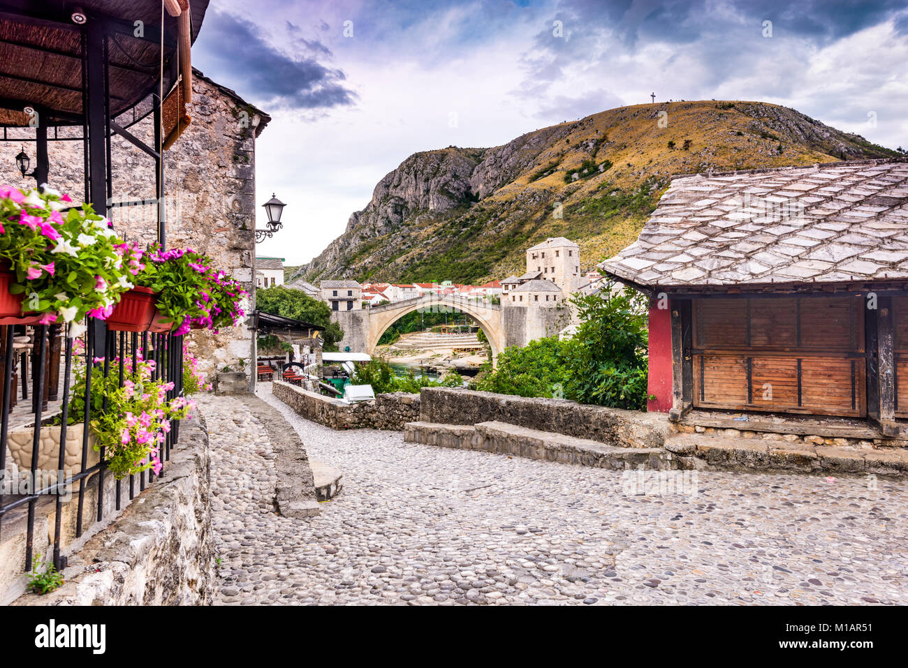 Mostar, Bosnia and Herzegovina. The Old Bridge, Stari Most, with emerald river Neretva. Stock Photo