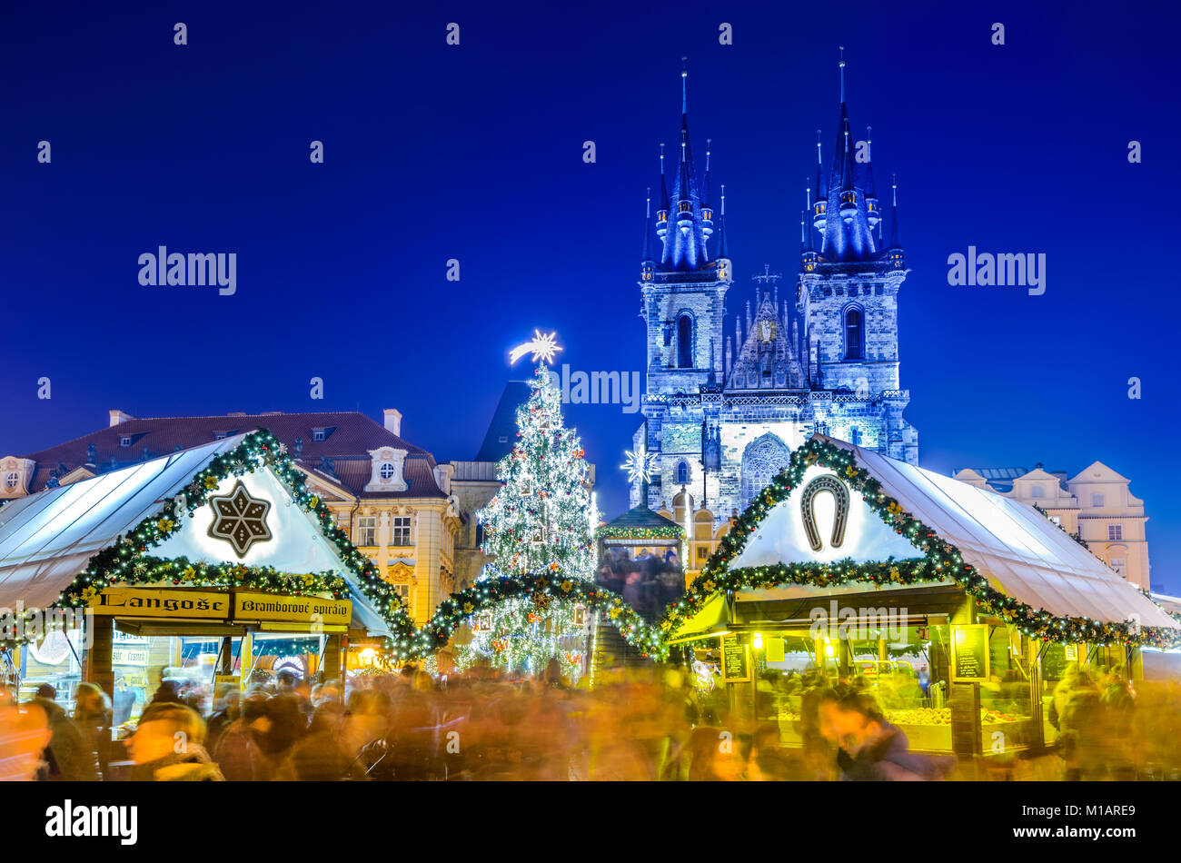 PRAGUE, CZECH REPUBLIC - 18 DECEMBER 2016: Christmas Market in Stare Mesto old square, Tyn Church, Bohemia. Stock Photo