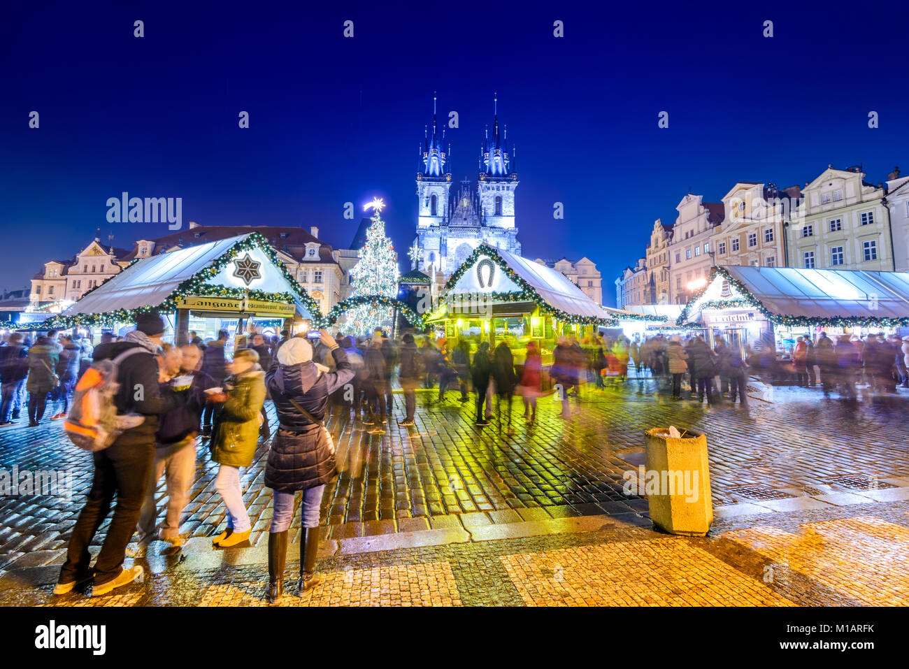 PRAGUE, CZECH REPUBLIC - 18 DECEMBER 2016: Christmas Market in Stare Mesto old square, Tyn Church, Bohemia. Stock Photo