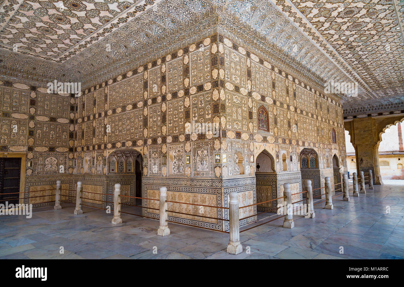 Amber Fort Jaipur view of Sheesh Mahal - Intricate architecture wall art with mosaic glasses and mirrors. Stock Photo