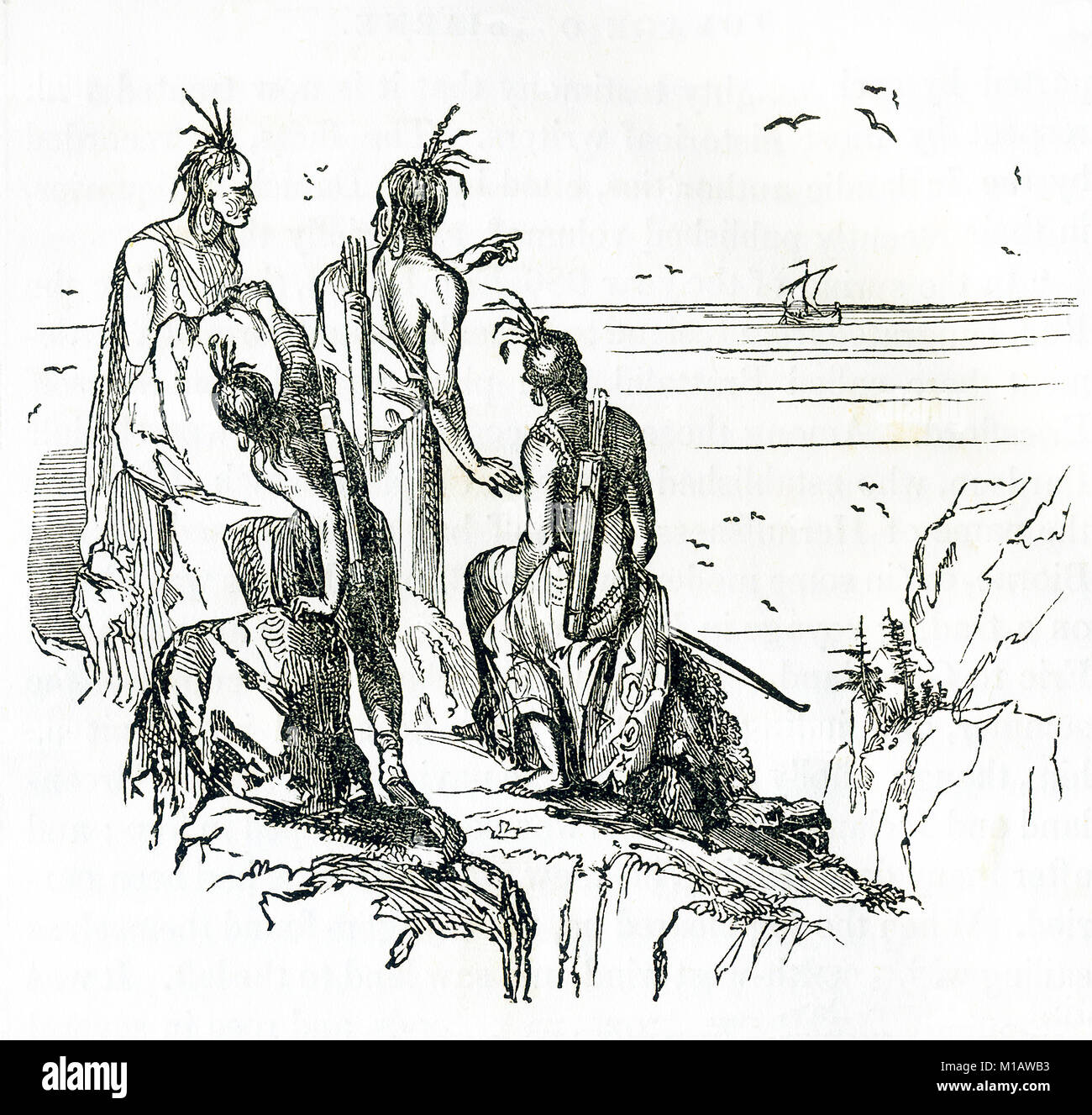 This illustration dates to around 1846 and shows Indians, or Native Americans, watching as English boats approach their shores with prospective settlers and explorers. Stock Photo