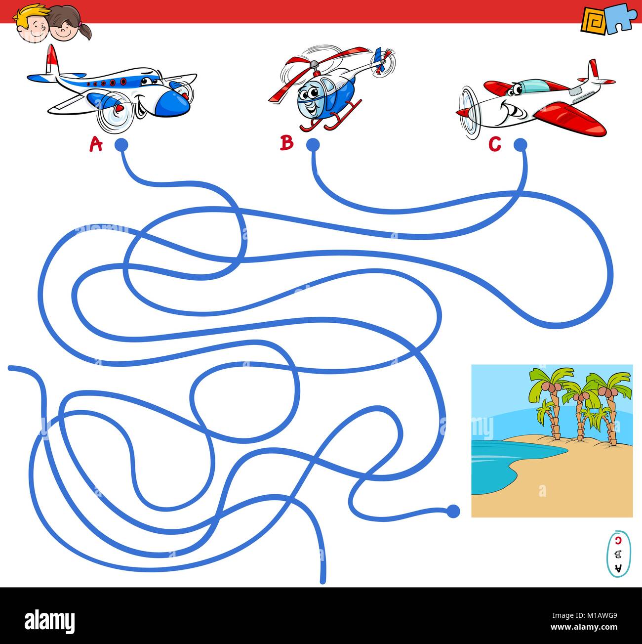 Cartoon Illustration of Paths or Maze Puzzle Activity Game with ...