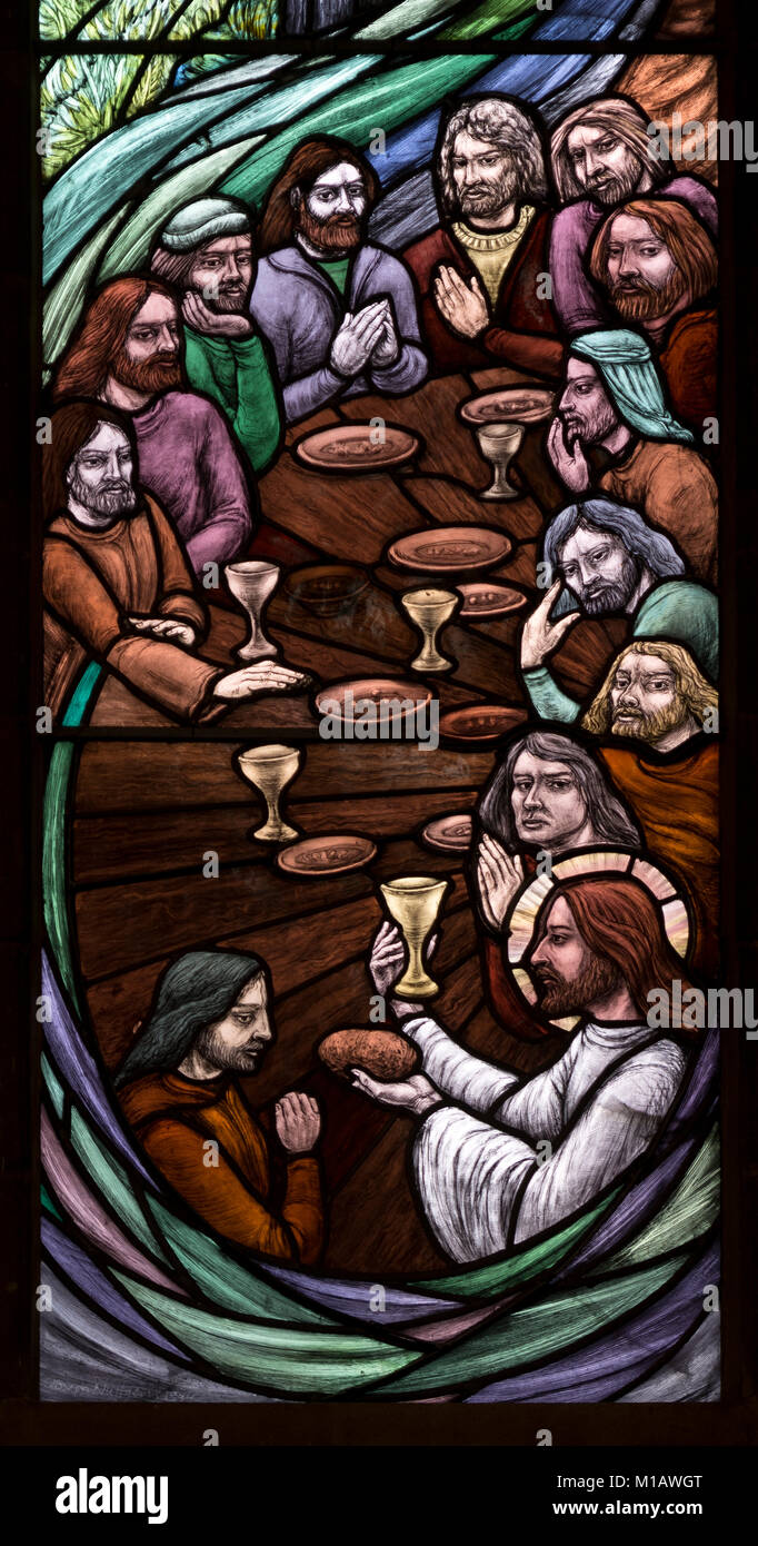 Last Supper stained glass, Catholic Cathedral of Our Lady Immaculate and St. Thomas of Canterbury, Northampton, UK Stock Photo