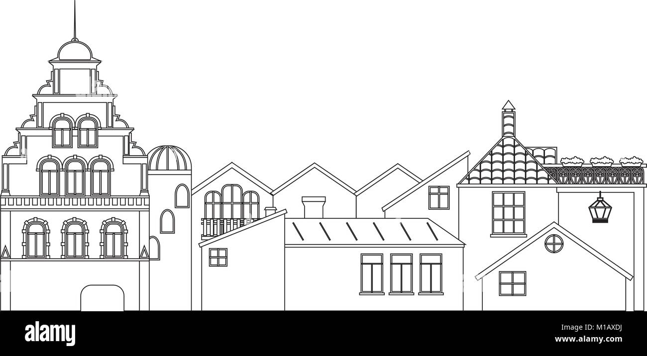 Outline panoramic view of houses. Vector contour of old town cityscape. Stock Vector