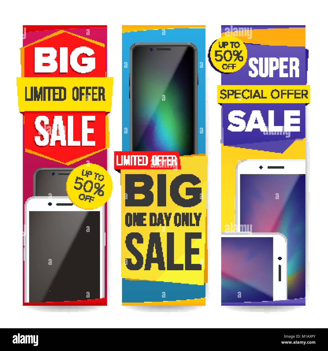 Sale Banner Set Vector. Discount Special Offer Banners Templates. Modern Smart Phones. Best Offer Advertising. Isolated Illustration Stock Vector