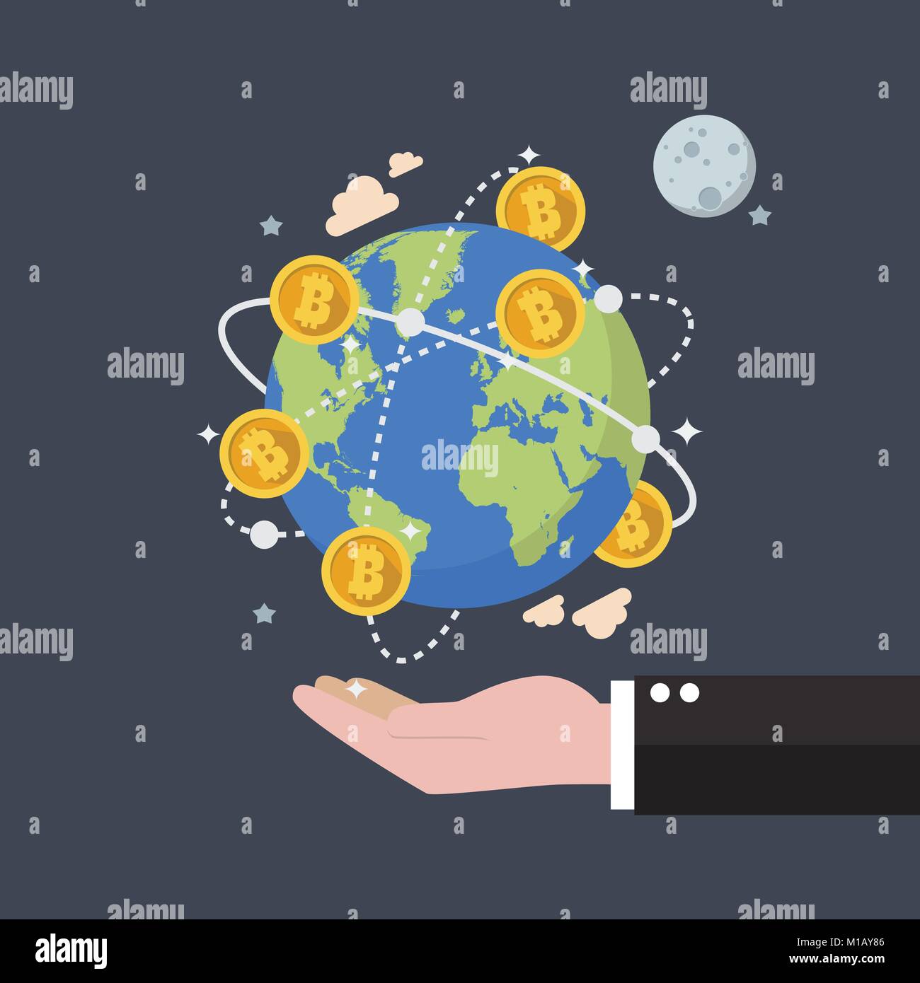 Cryptocurrency Bitcoin Global Network Technology. Businessman holding earth globe. Flat style vector illustration Stock Vector
