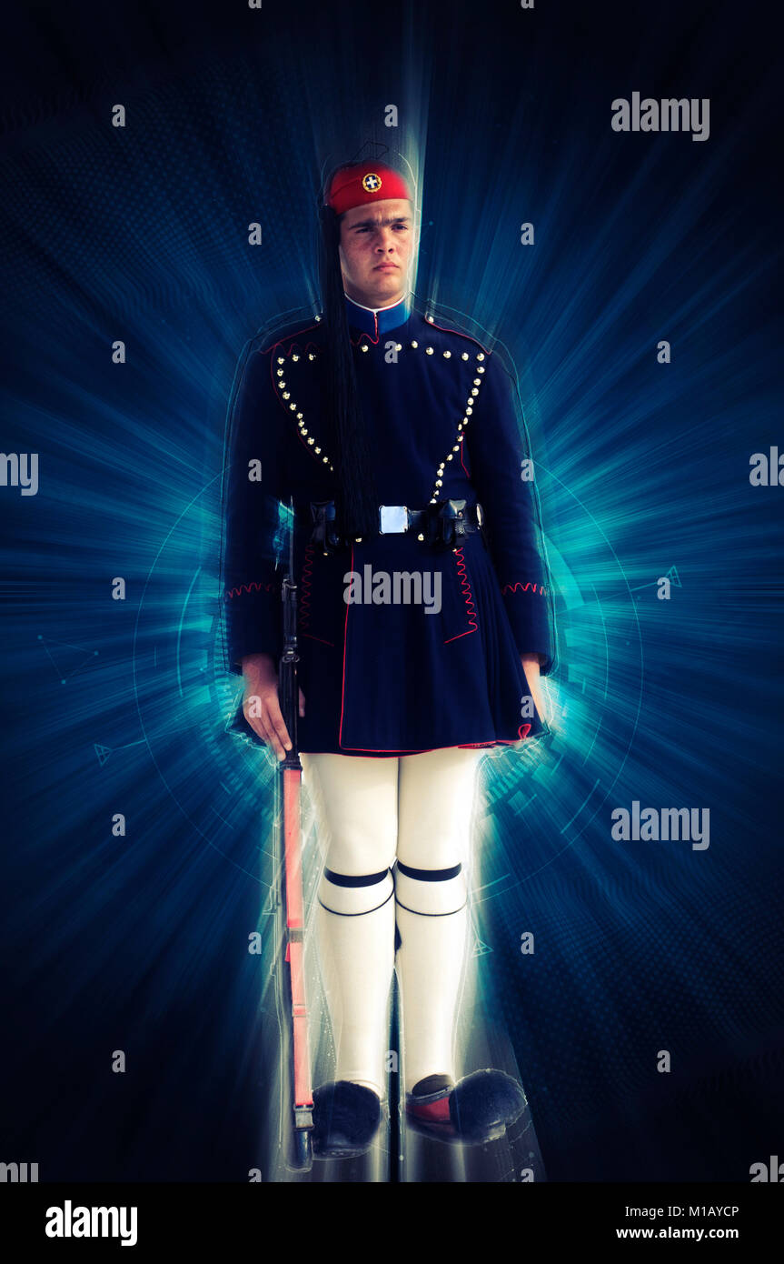 Digitally enhanced image of a Presidential Guard in traditional dress at the Tomb of the unknown soldier, Athens, Greece Stock Photo