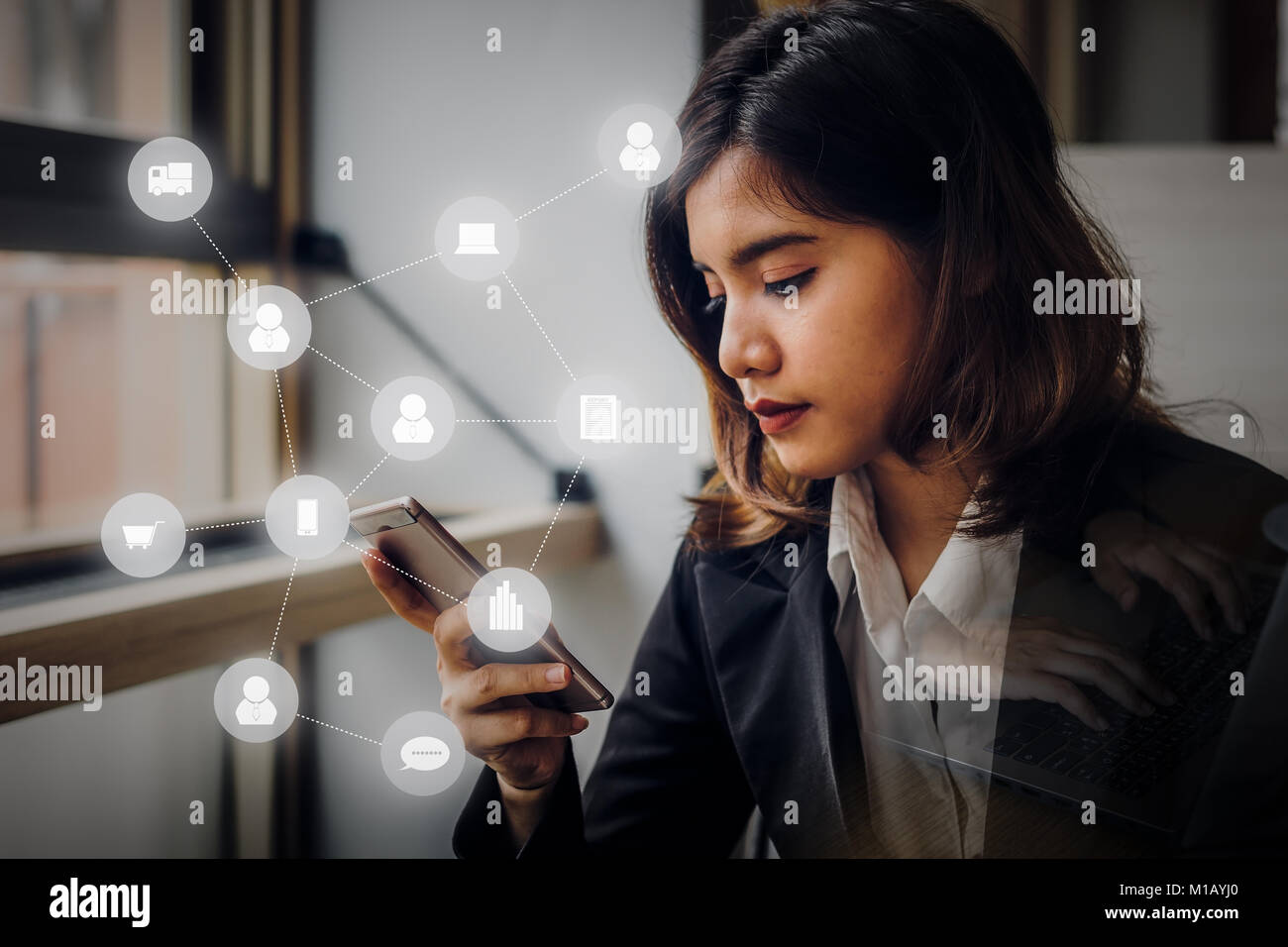 Business woman using smartphone connecting people with digital worldwide. Concept business strategy plan. Stock Photo