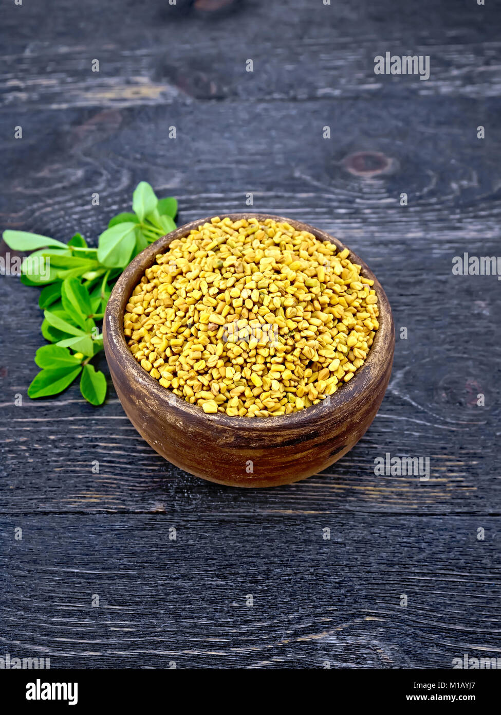 Fenugreek seeds in a clay bowl with green leaves on a black board background Stock Photo