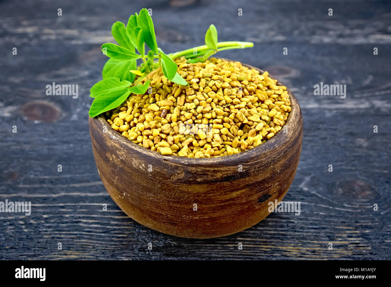 Fenugreek in a clay bowl with green leaves on a wooden plank background Stock Photo