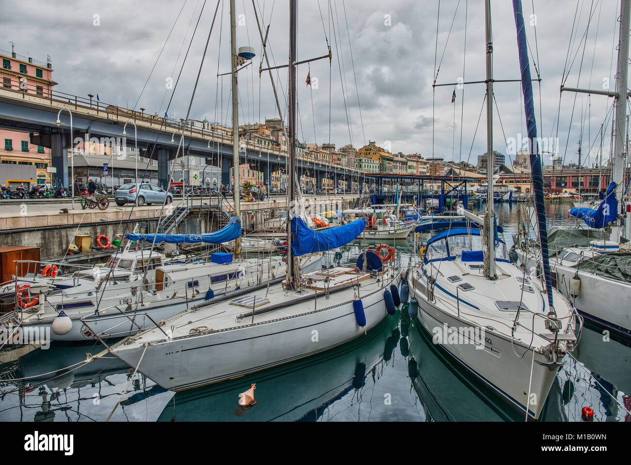 Genoa, Italy - January 29, 2015: Detail of Genoa in Italy with boats and expressways Stock Photo