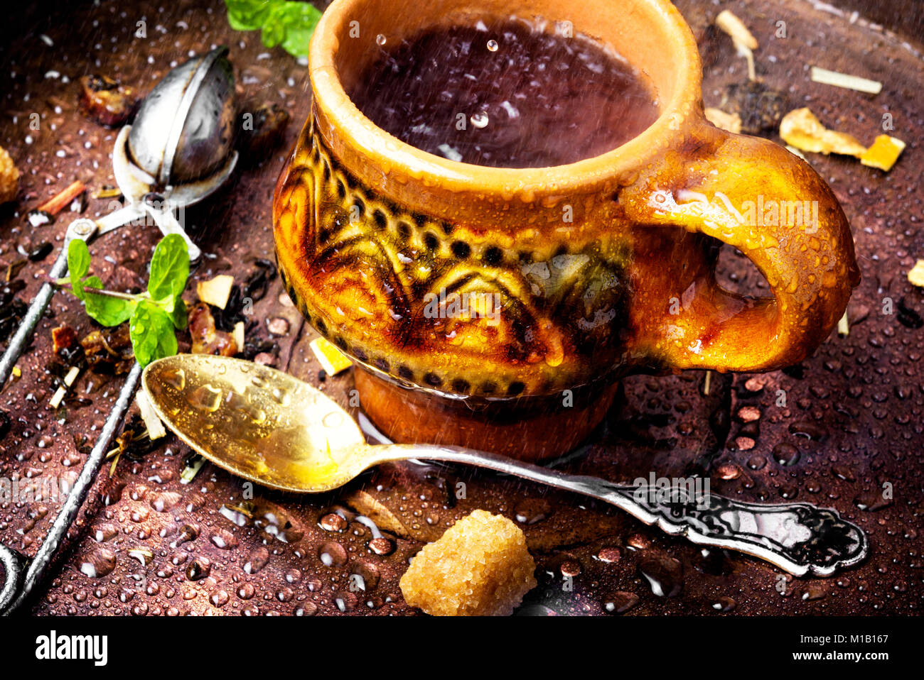 Tea glass cup on a vintage background Stock Photo