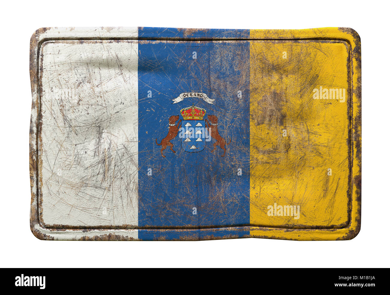 3d rendering of a Canary Islands flag over a rusty metallic plate ...