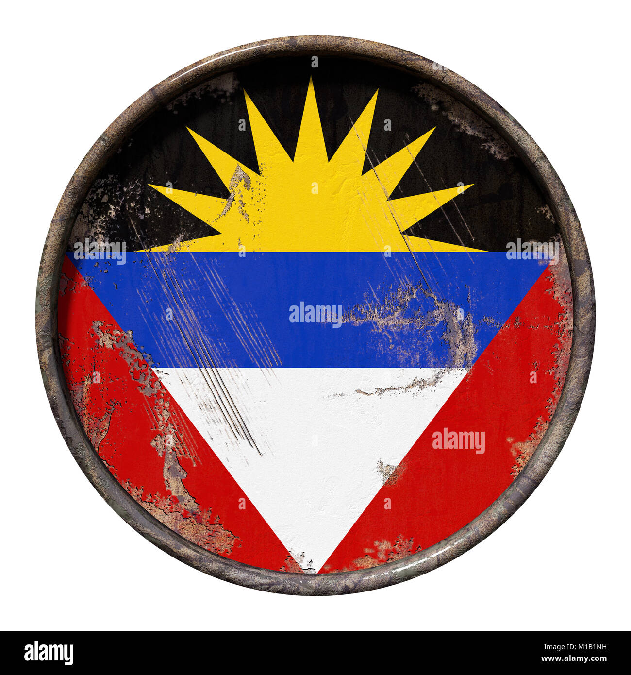 3d rendering of an Antigua and Barbuda flag over a rusty metallic plate ...