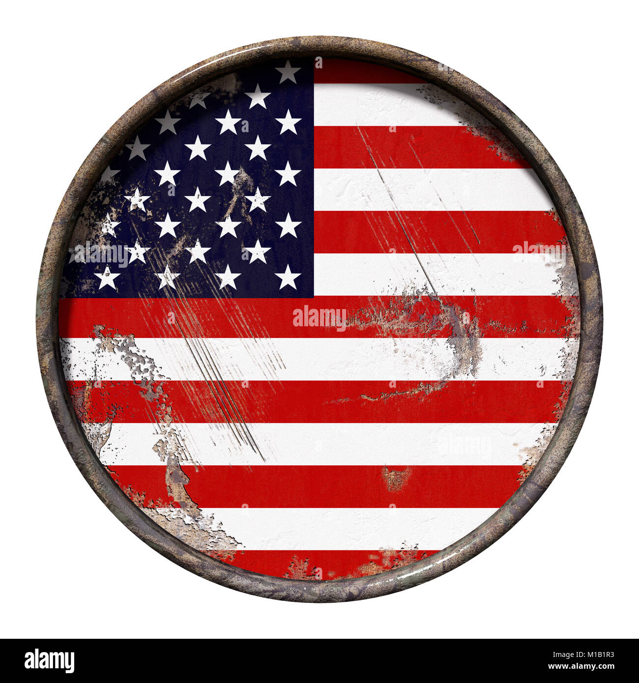 3d rendering of an USA flag over a rusty metallic plate. Isolated on ...