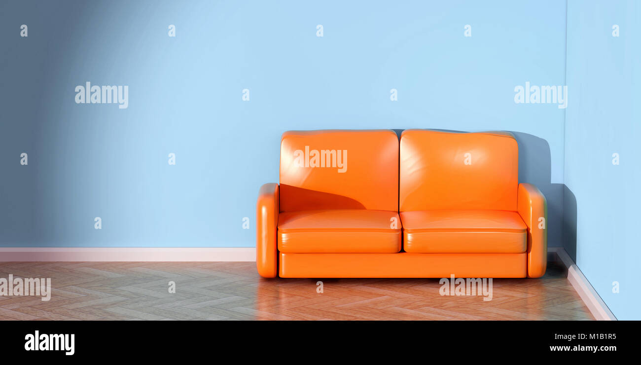 3d Rendering Of A Modern Interior With An Orange Couch And Blue
