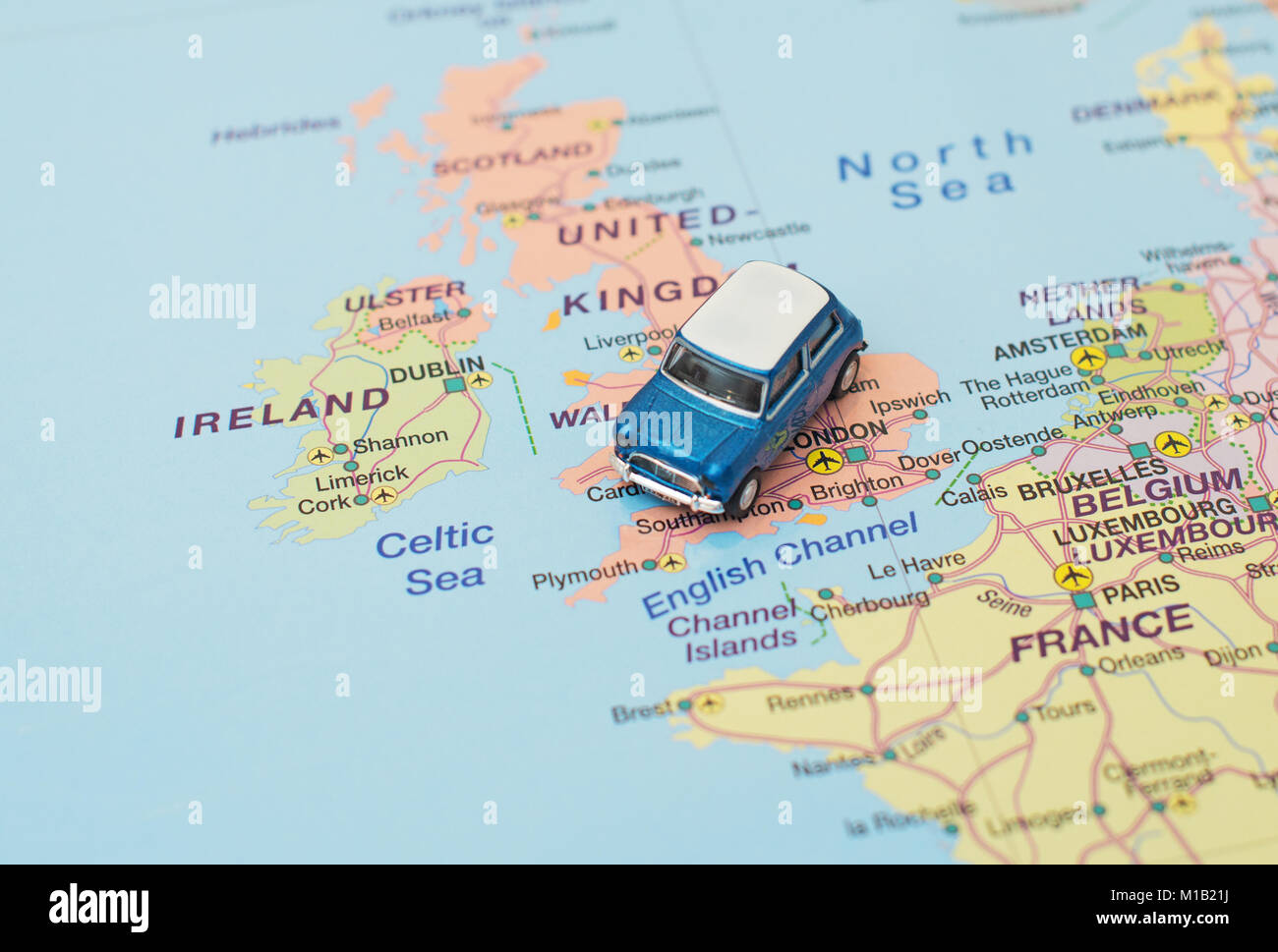 Concept of Europe car trip. Car is on the map in Great Britain Stock ...