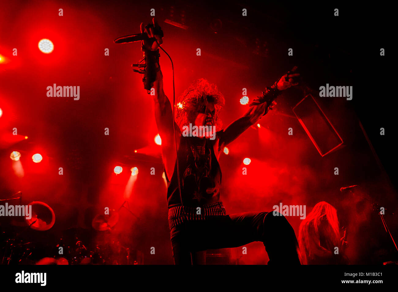 The Norwegian black metal band 1349 performs a live concert at the Norwegian heavy metal festival Blastfest 2016 in Bergen. Here vocalist Ravn is seen live on stage. Norway 19/02 2016. Stock Photo