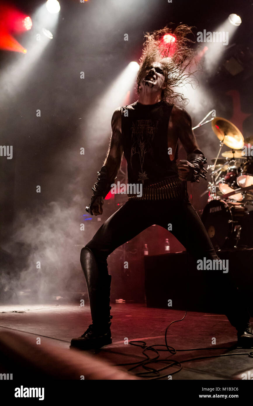 The Norwegian black metal band 1349 performs a live concert at the Norwegian heavy metal festival Blastfest 2016 in Bergen. Here vocalist Ravn is seen live ...