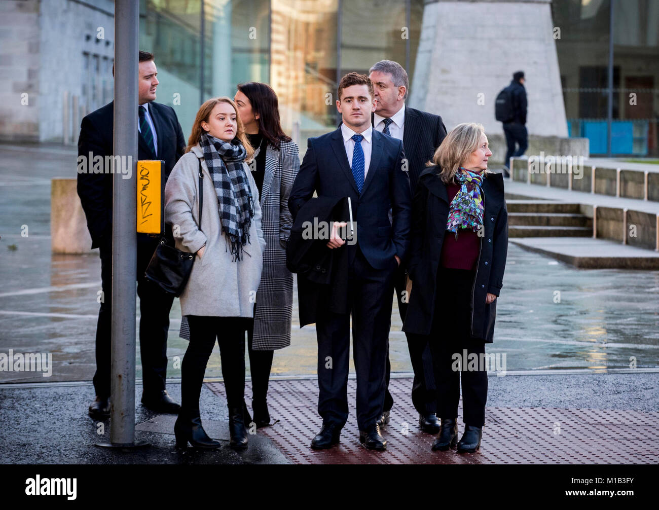 Ireland and Ulster rugby player Paddy Jackson (centre) arrives at