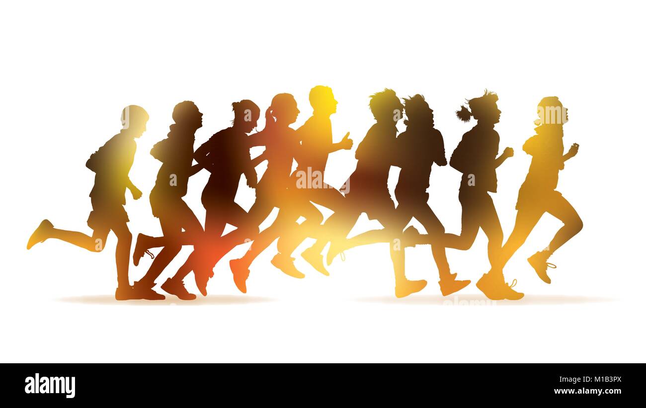 Crowd of young people is running in the marathon on the white ...