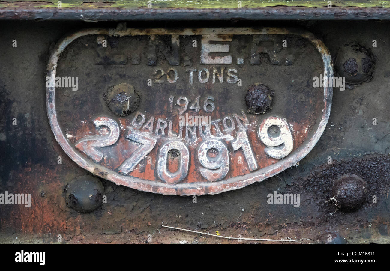 identification plate on railway wagon at Shildon Stock Photo