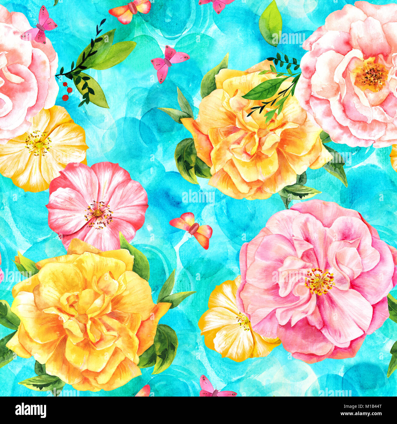 Seamless pattern with watercolor roses and butterflies on turquoise ...