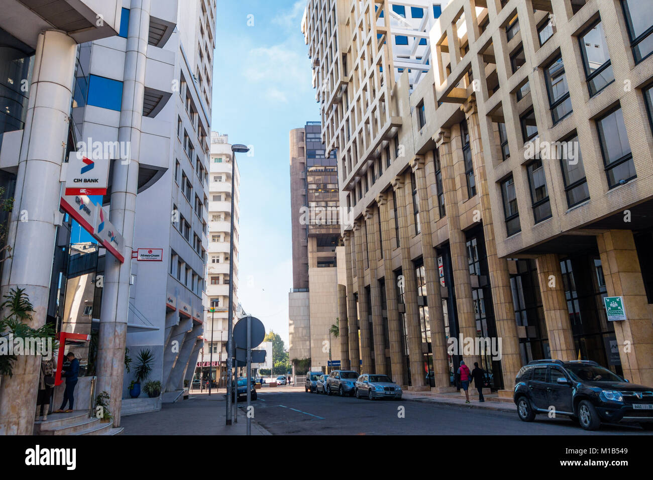 Casablanca, Morocco - 21 January 2018 : low angle view of CIH bank building and others in the financial district Stock Photo