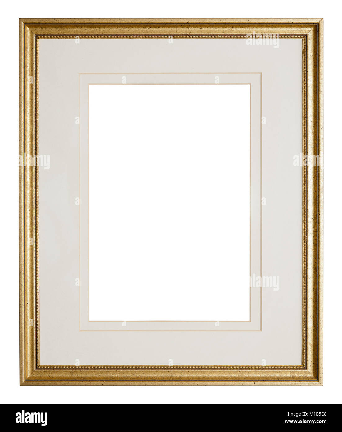 Empty picture frame isolated on white, landscape format, in a distressed gilt finish with matte Stock Photo