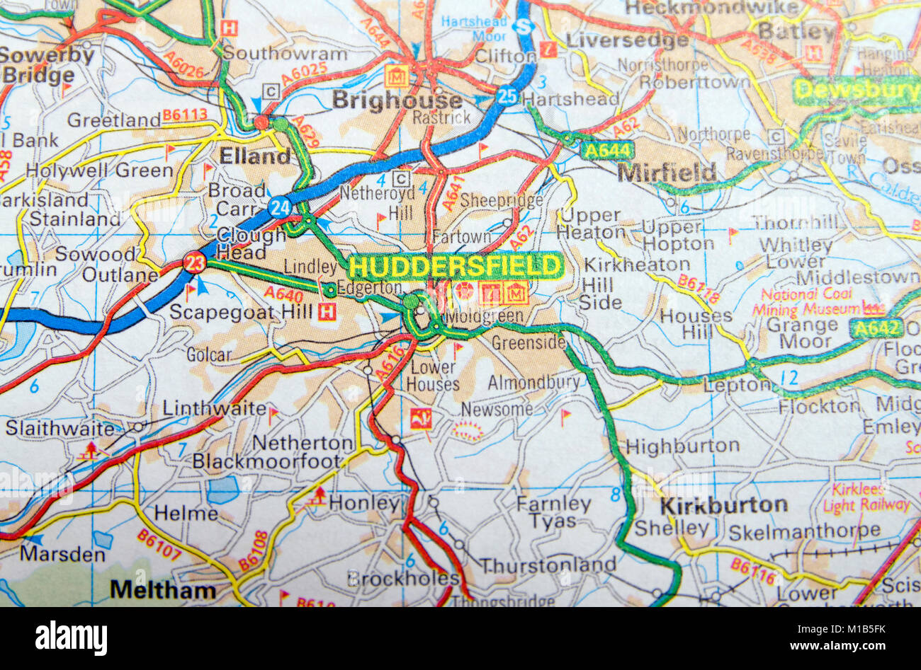 Road Map of Huddersfield,England. Stock Photo