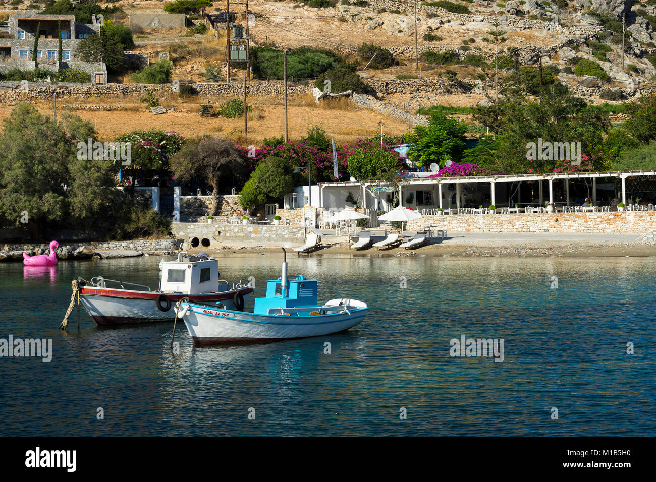 Schinoussa island beach port view. Greece Stock Photo