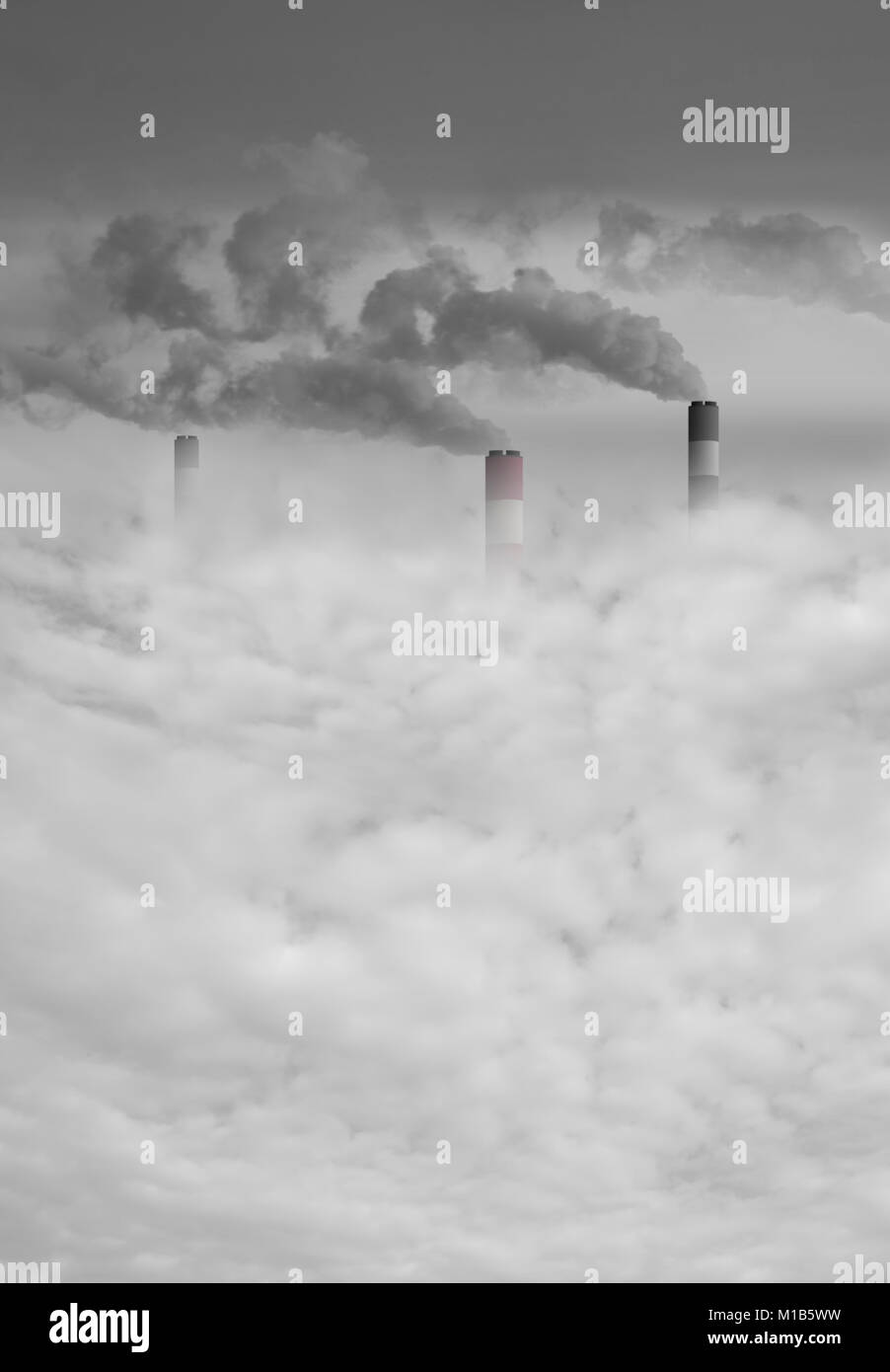 Big power station chimney with smoke above the city smog Stock Photo