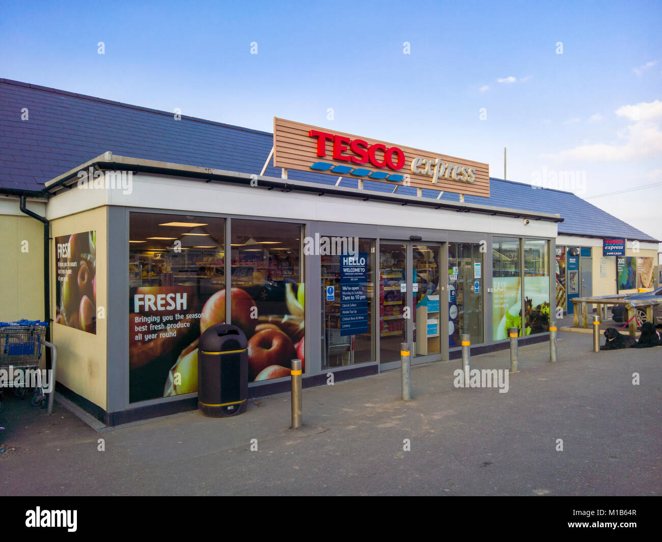 The entrance to the Tesco express store in Westward Ho!, North Devon, England. Stock Photo