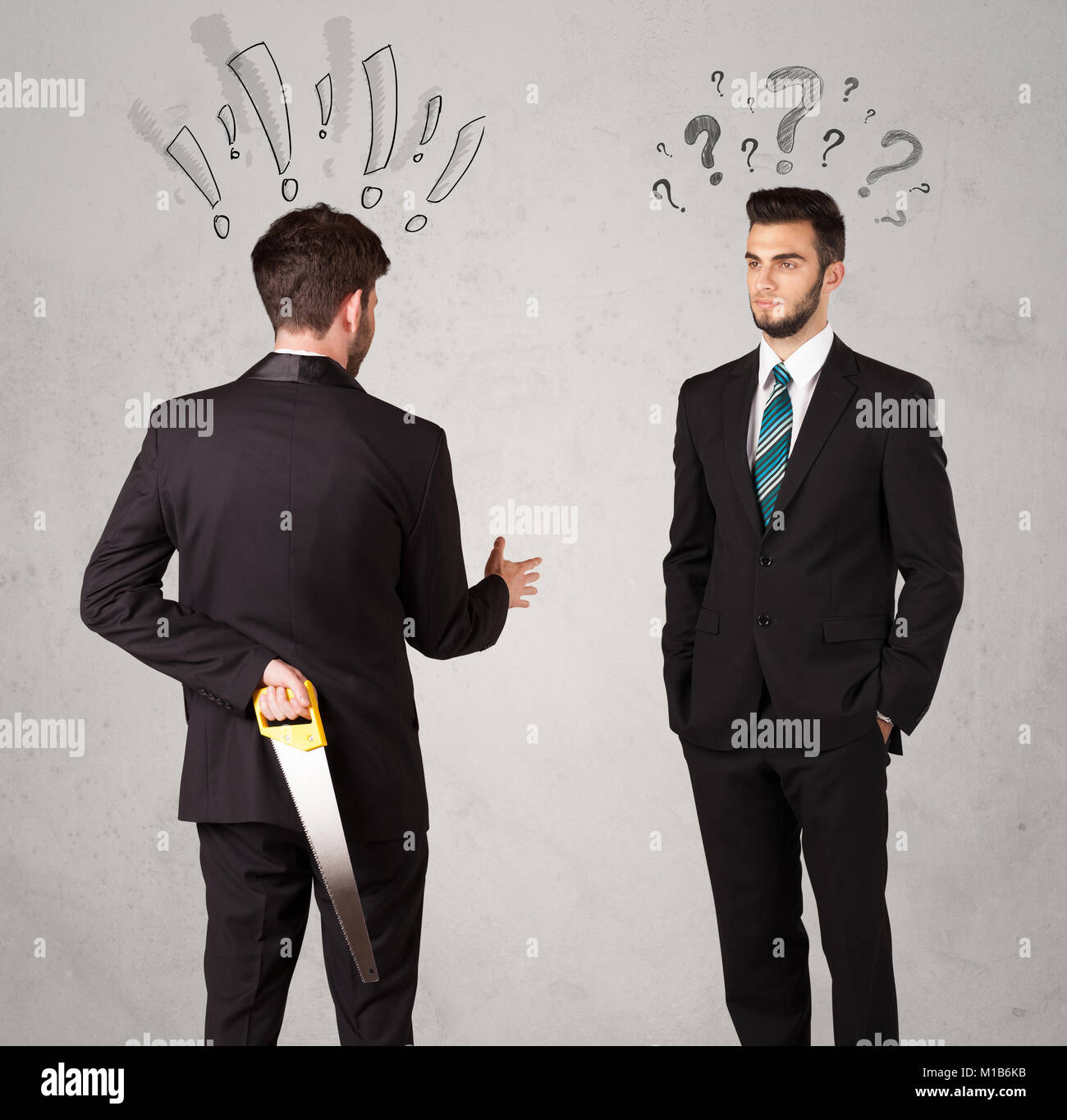 Ruthless businessman handshake with drawn exclamation and question