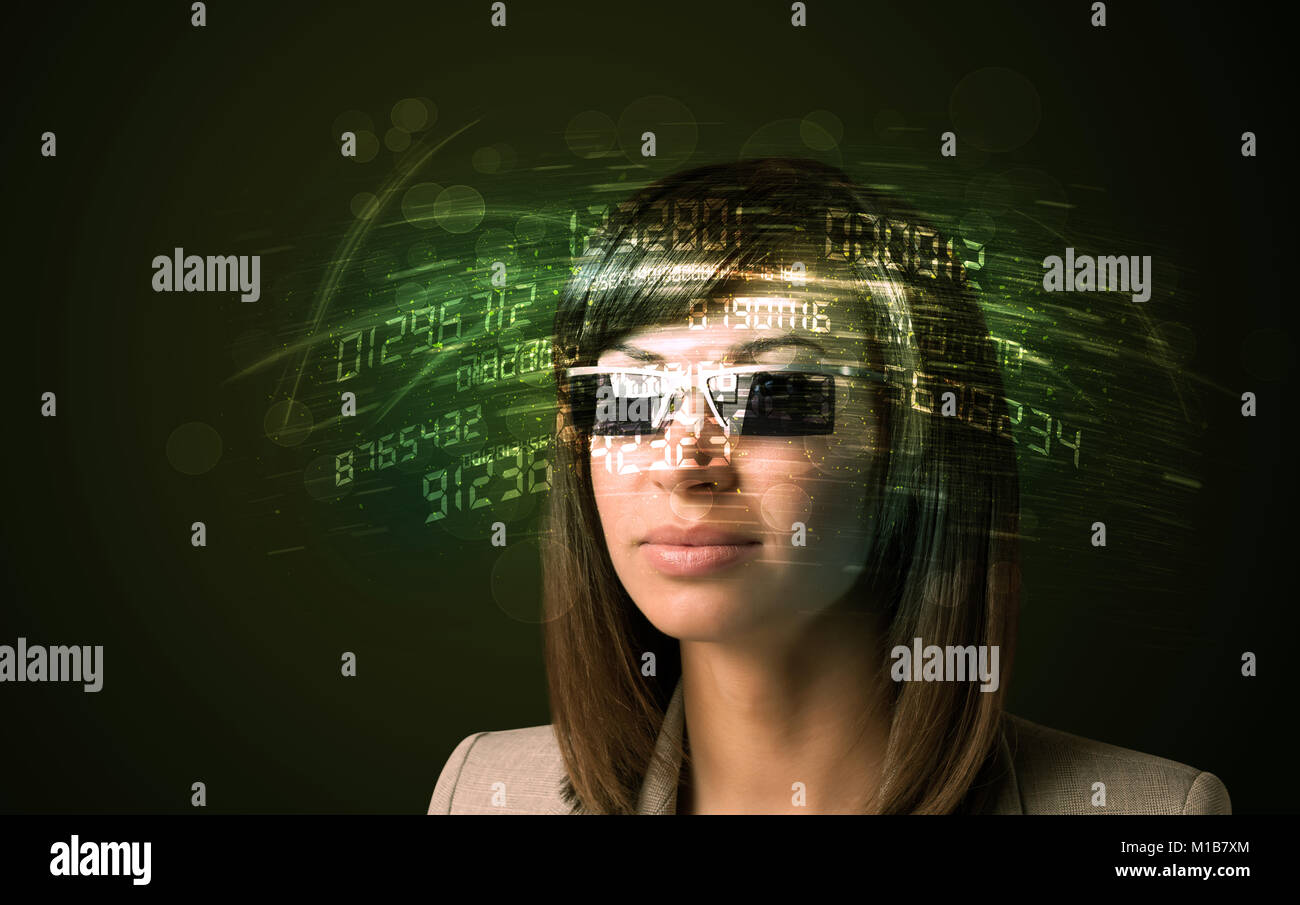 Business woman looking at high tech number calculations concept Stock ...